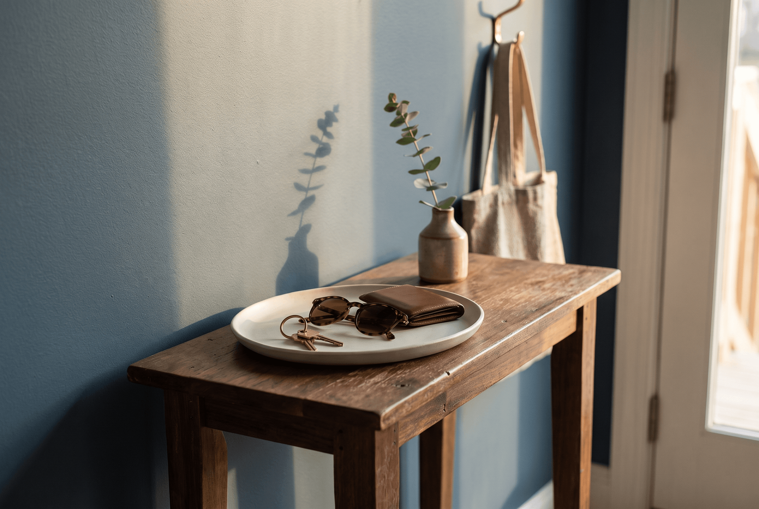 A ceramic tray holding keys, sunglasses and a leather wallet on a wooden hall table, a canvas bag hanging nearby