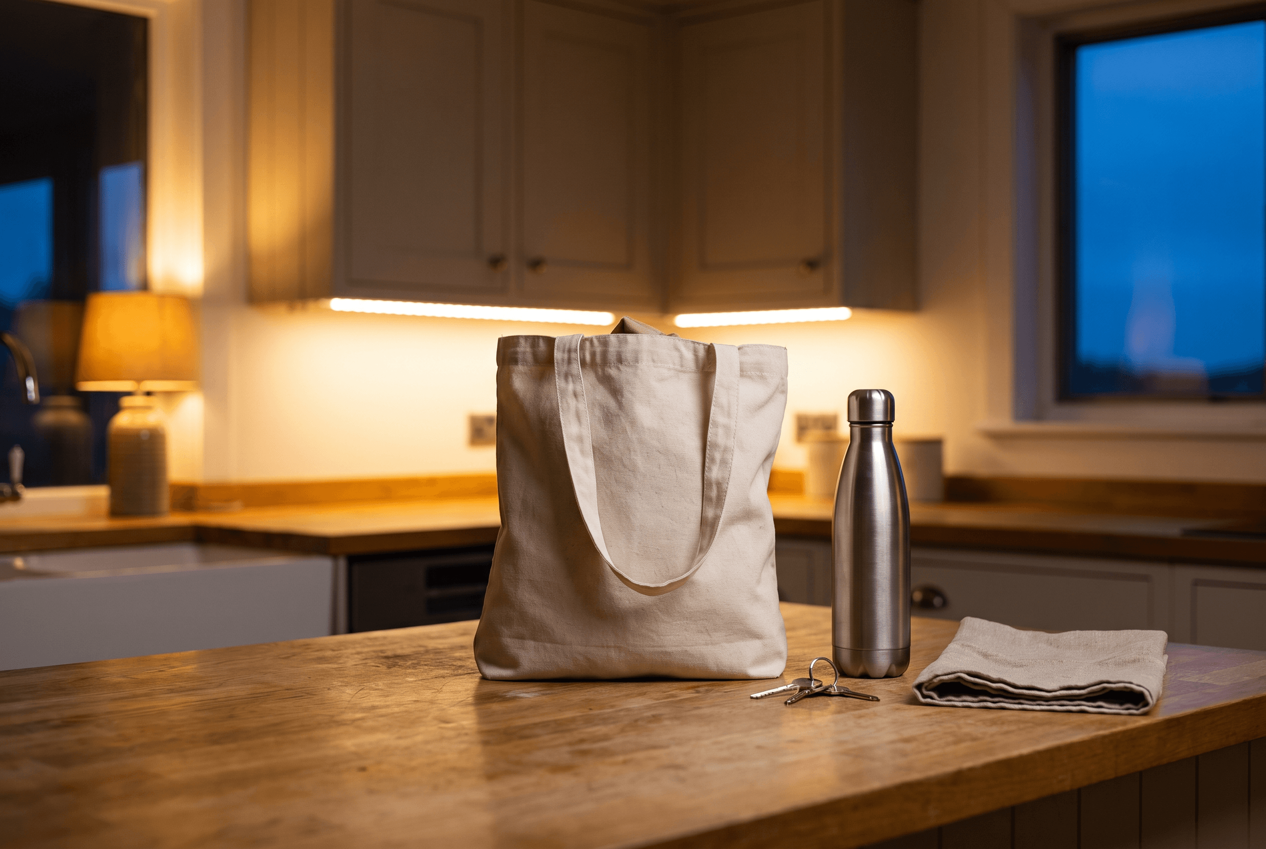 A canvas tote, a steel water bottle, house keys and a folded cloth on a clear kitchen counter at dusk