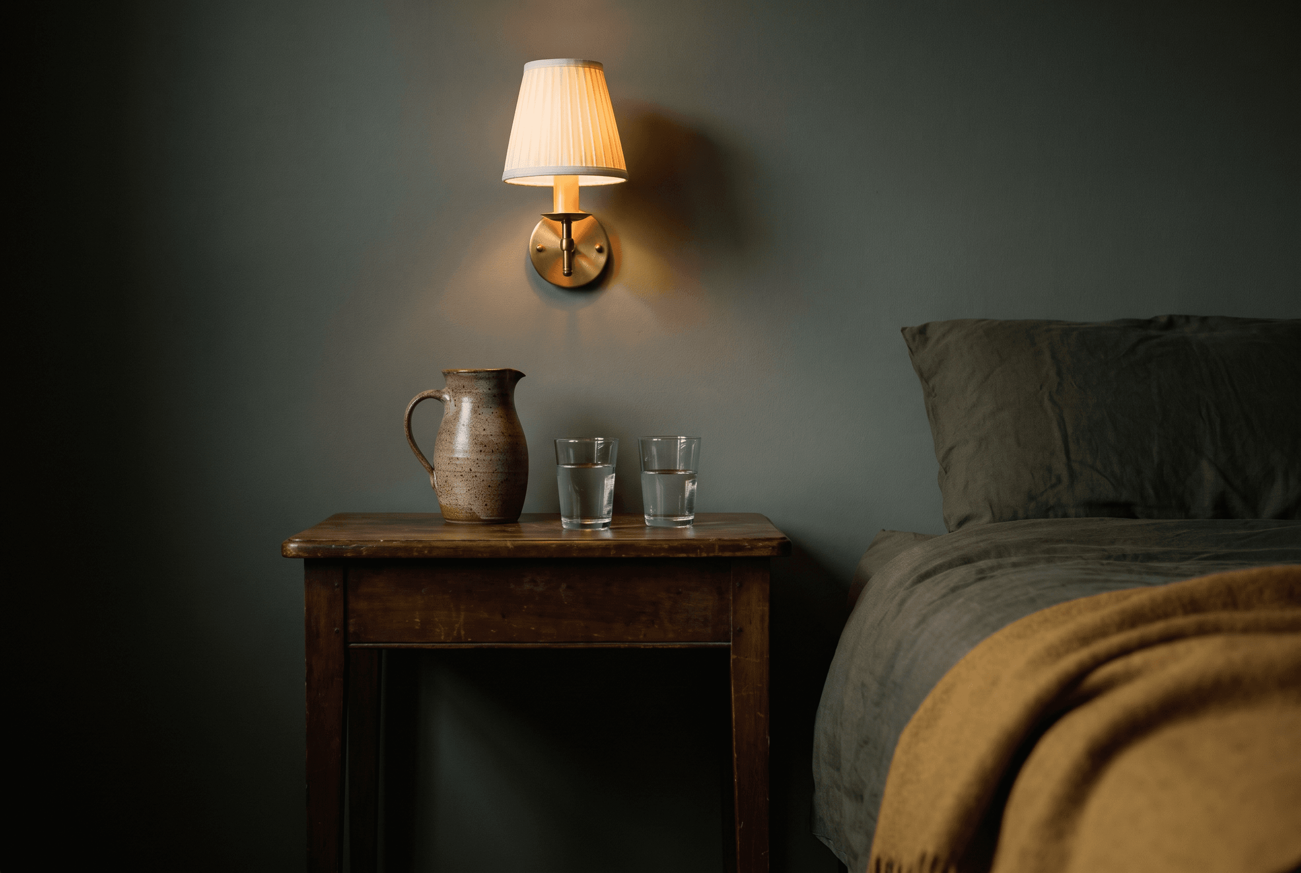 A stoneware jug and two glasses of water on a dark wooden bedside table under a glowing wall lamp.
