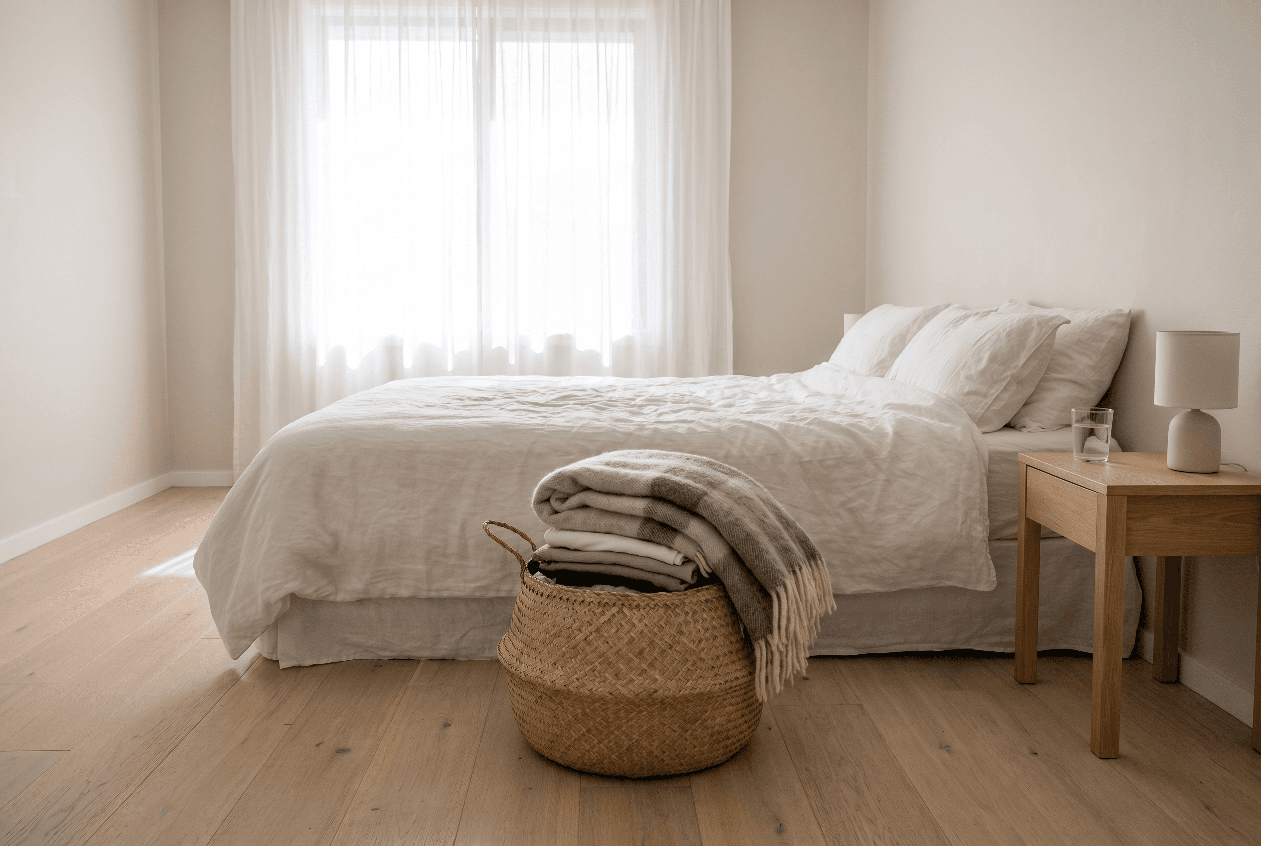 A woven basket of folded clothes and a blanket at the foot of a white bed in a bright bedroom
