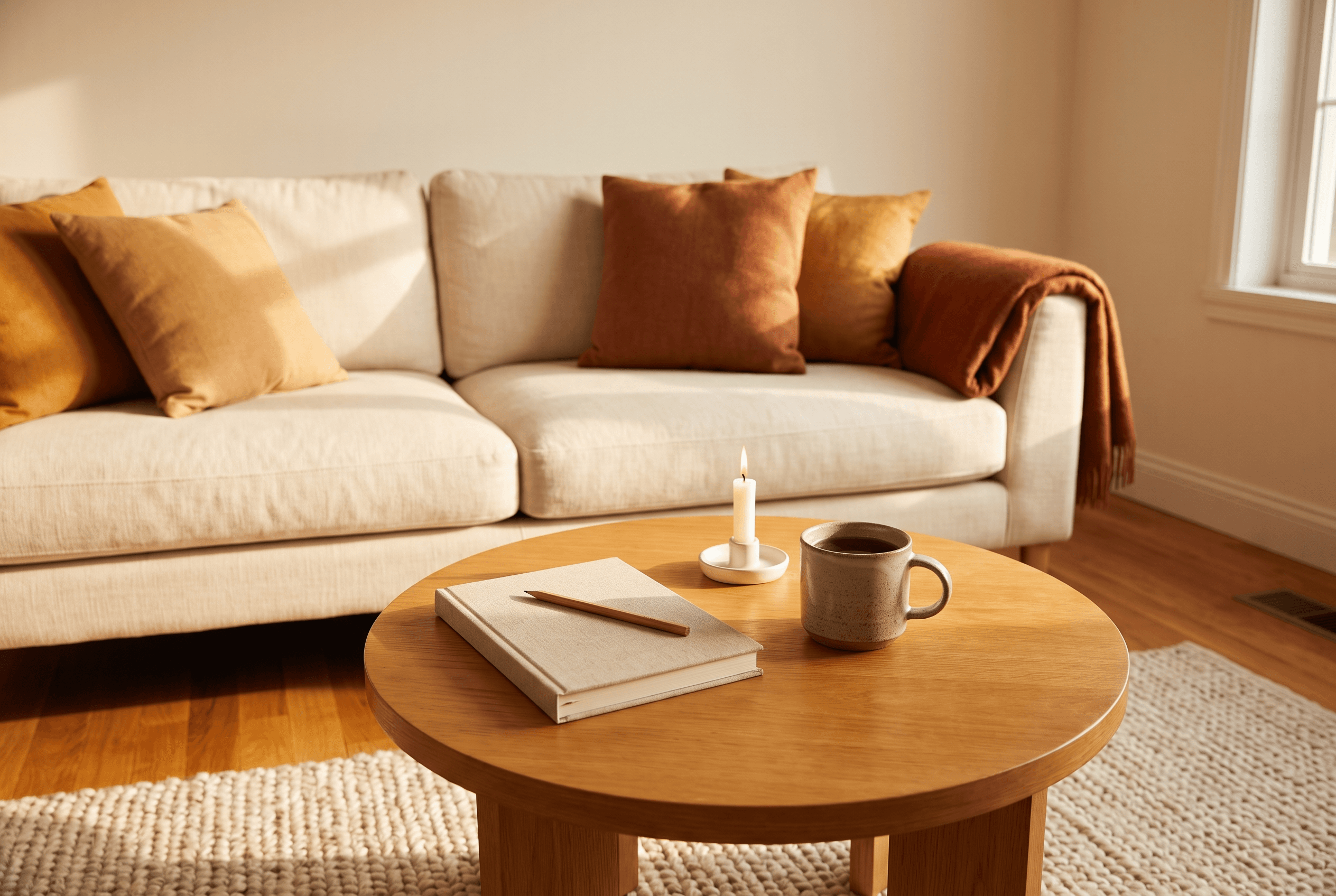 Round wooden coffee table with a closed linen notebook, pencil, lit candle and mug before a cream sofa