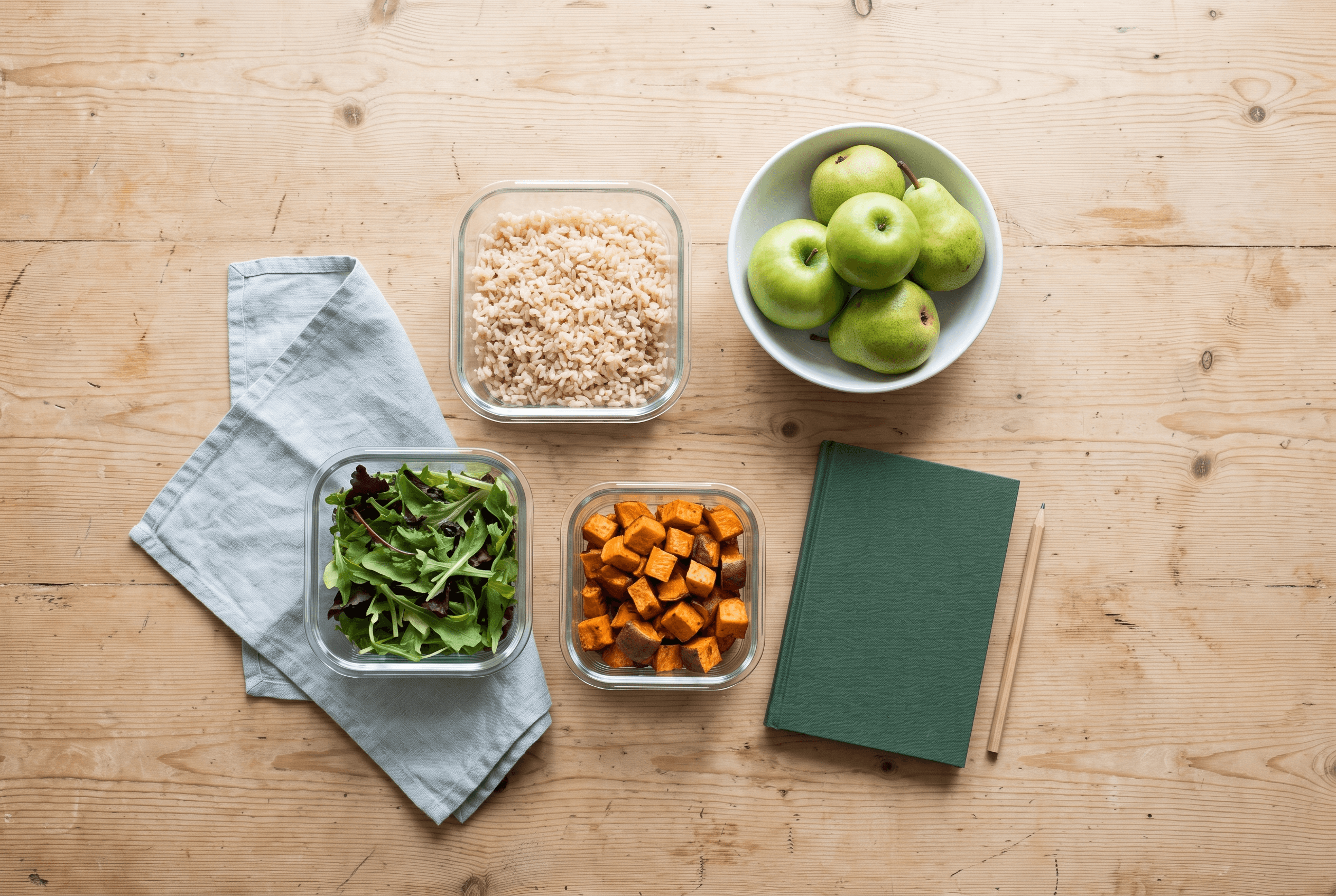 Overhead view of glass containers of rice, salad and roasted sweet potato beside a bowl of green apples and pears
