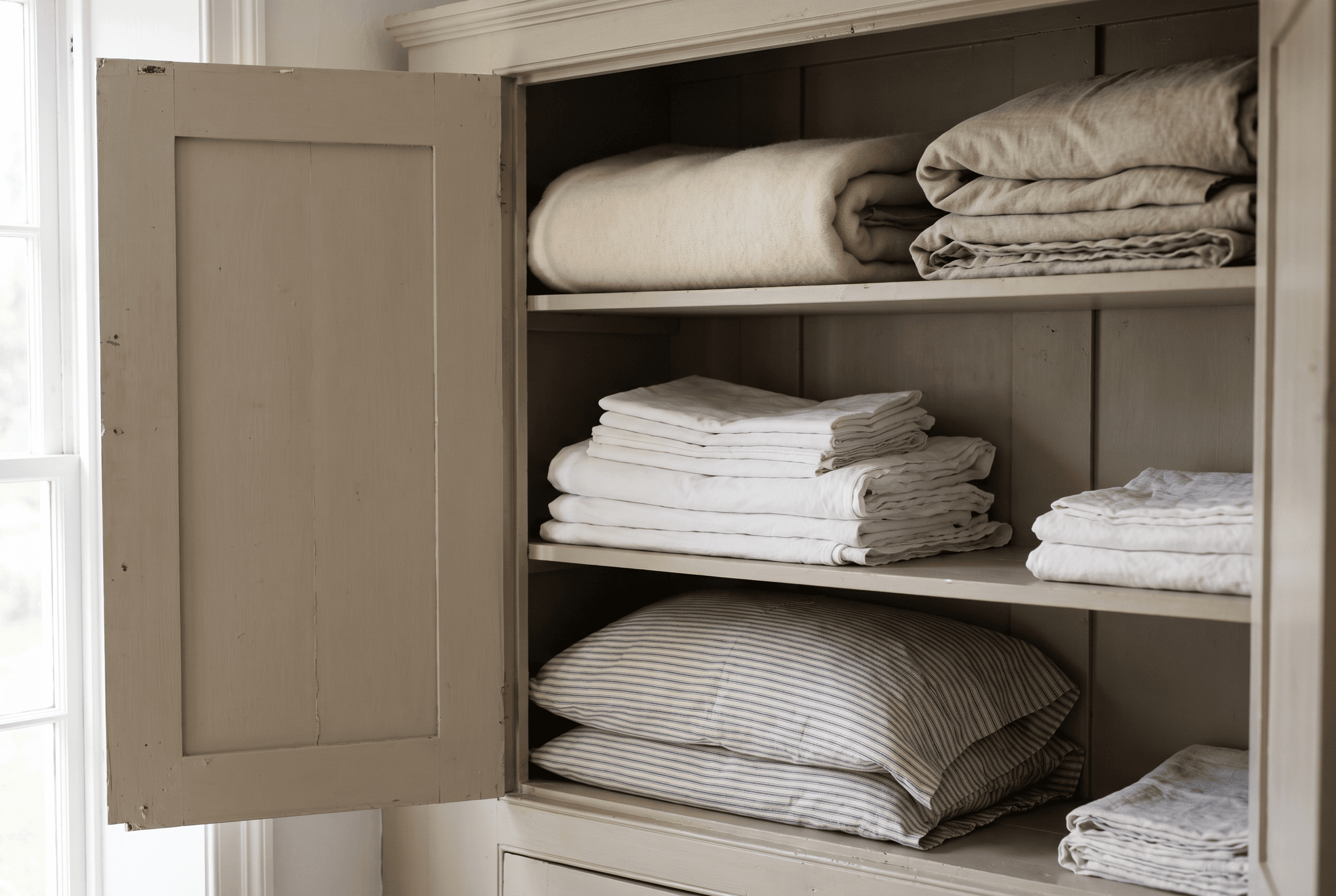 An open painted linen cupboard with shelves of folded white sheets, a cream blanket and striped pillows.