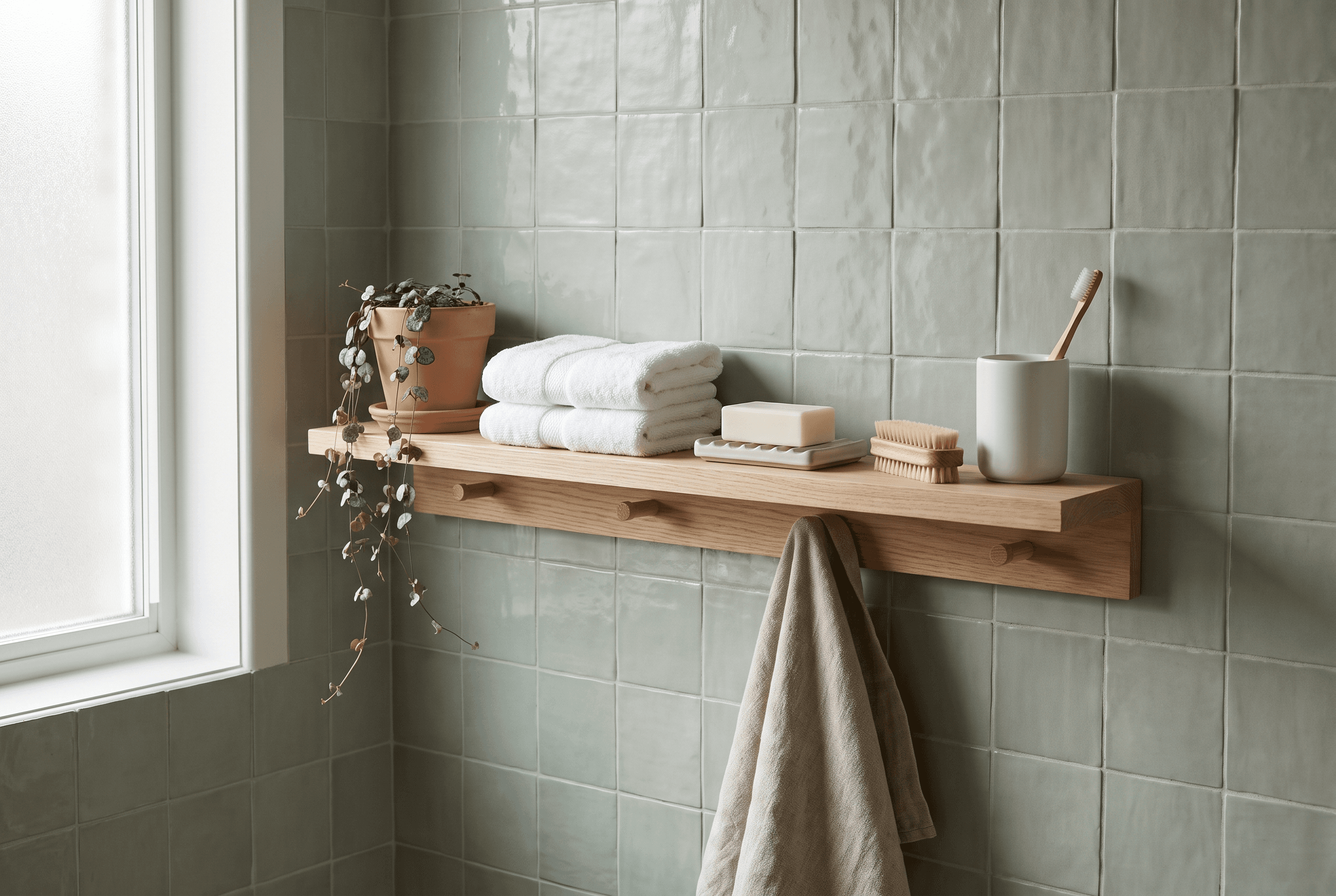 Wooden shelf on sage-green tiles with folded white towels, soap bar, nail brush, toothbrush cup and a trailing plant
