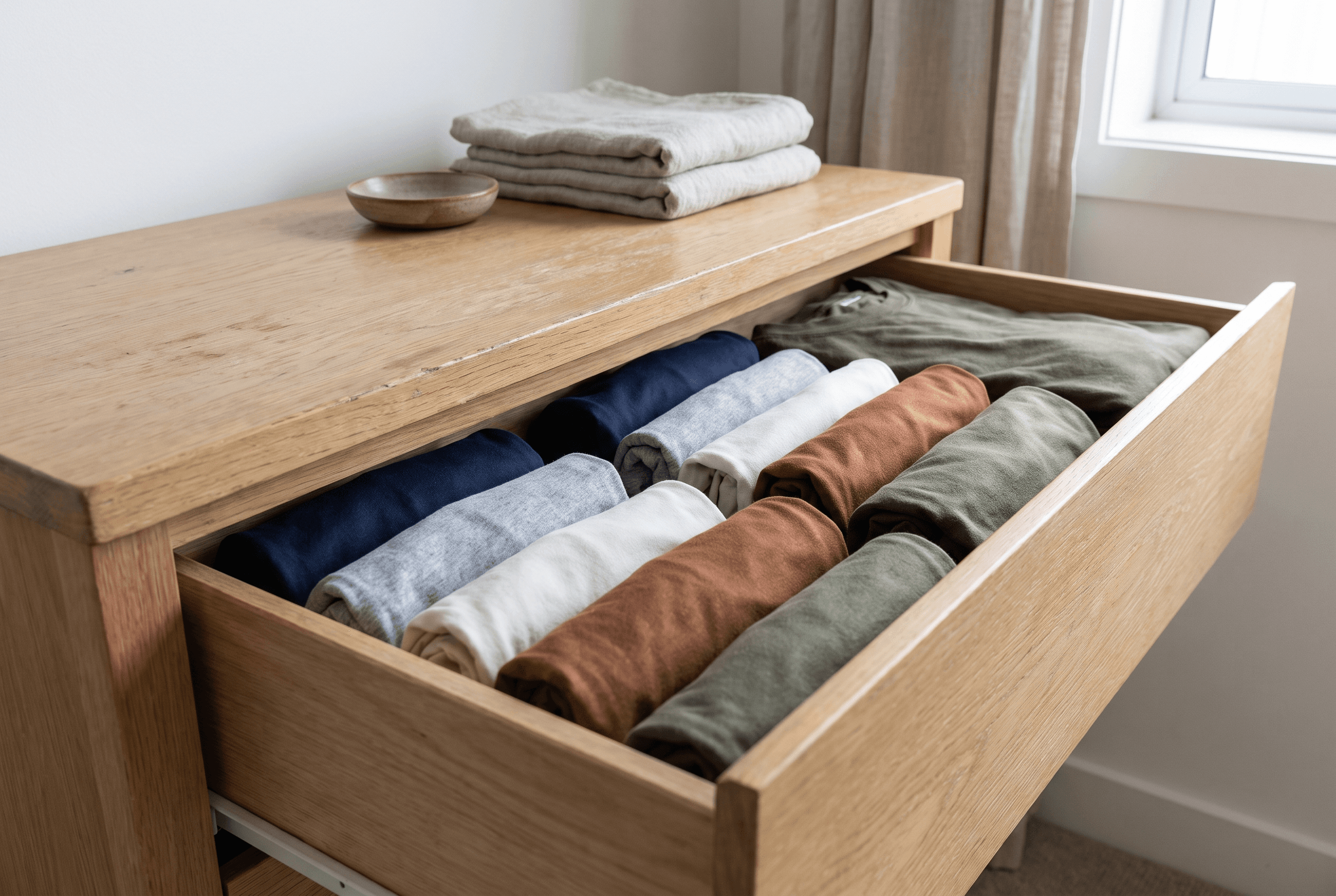An open oak dresser drawer with plain T-shirts folded upright in neat rows, folded linen and a dish on top