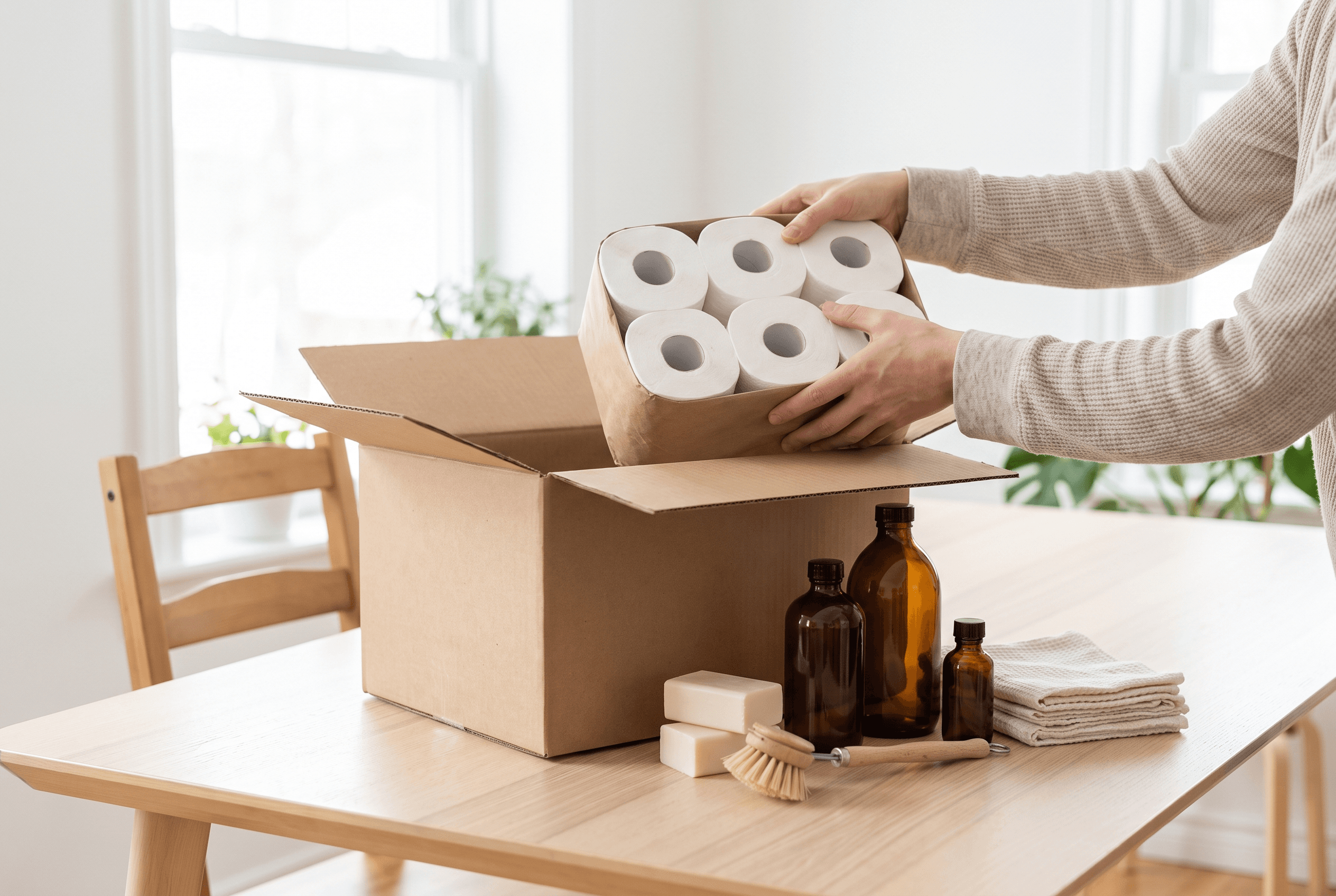 Hands lifting a pack of toilet rolls from a cardboard box beside amber bottles, soap bars and a dish brush