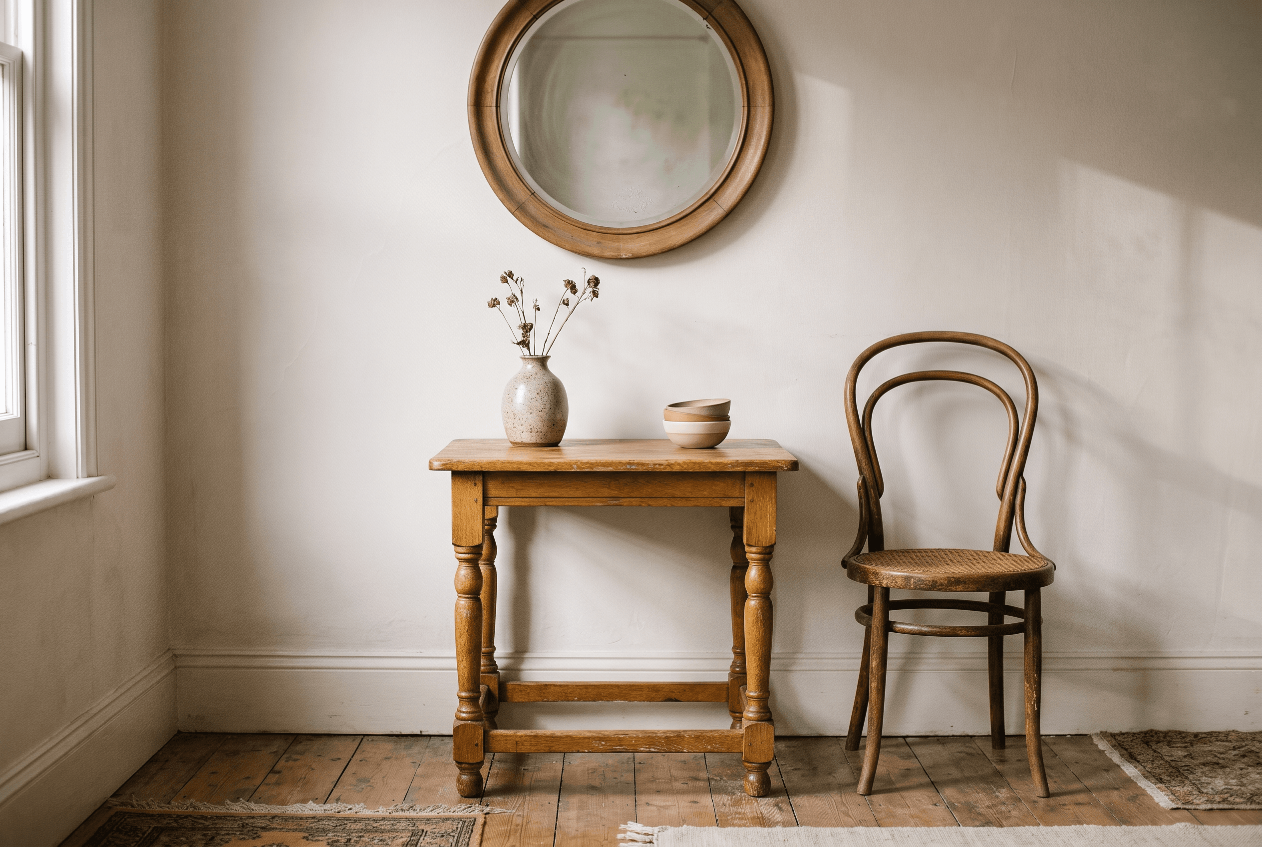 A worn oak side table with a speckled vase and stacked bowls, beside a bentwood chair, under a round mirror