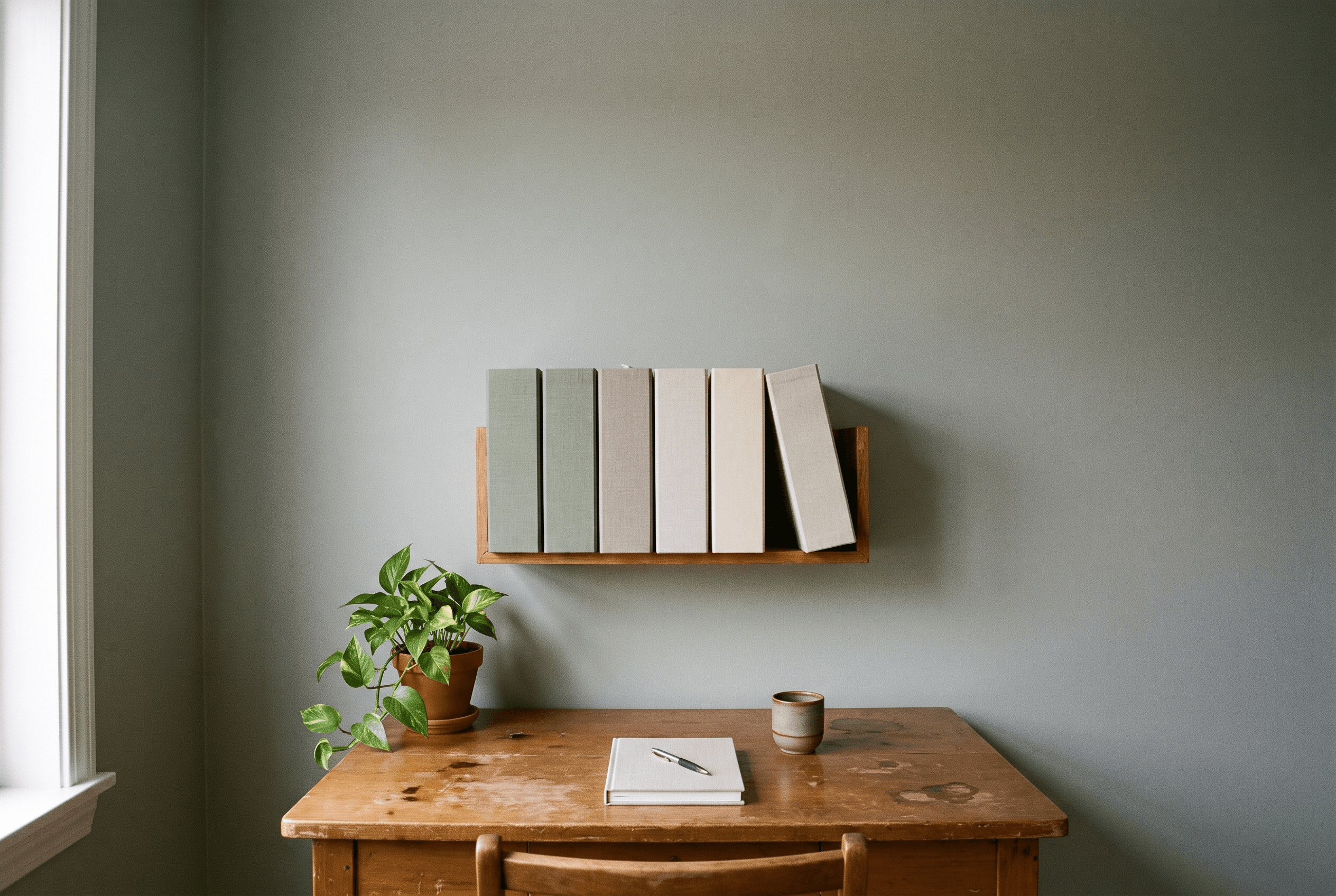 Six plain cloth-covered box files on a wall shelf above a worn wooden desk with a closed notebook and pen